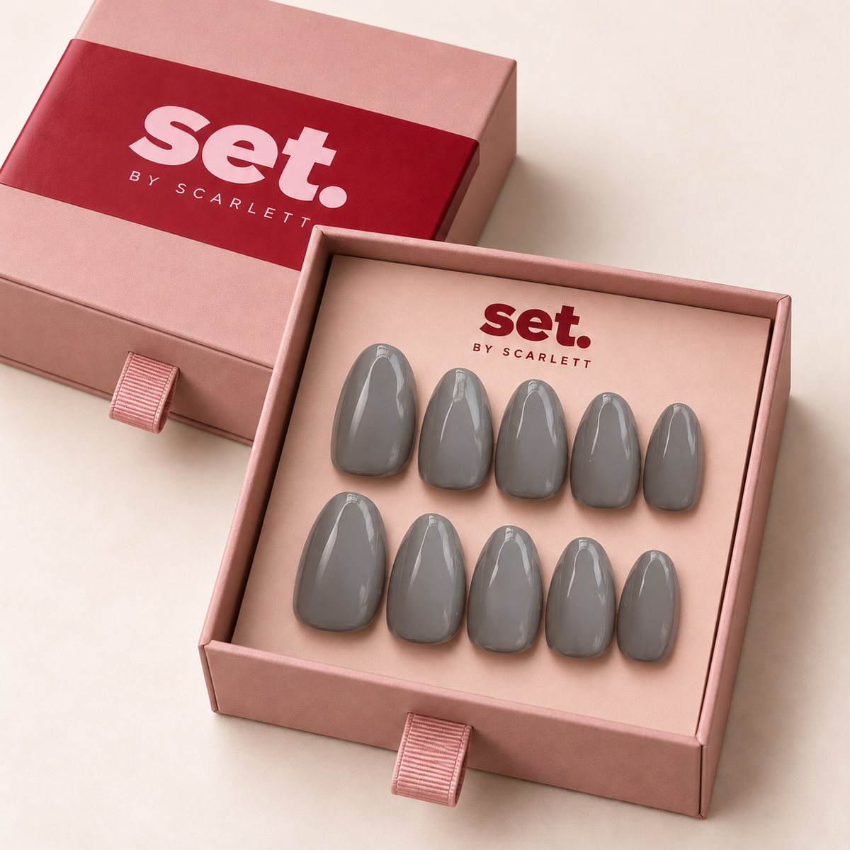 Cloud Nine: All-over glossy cool grey. Digitally styled packaging mockup based on Scarlett's photographed nail set.