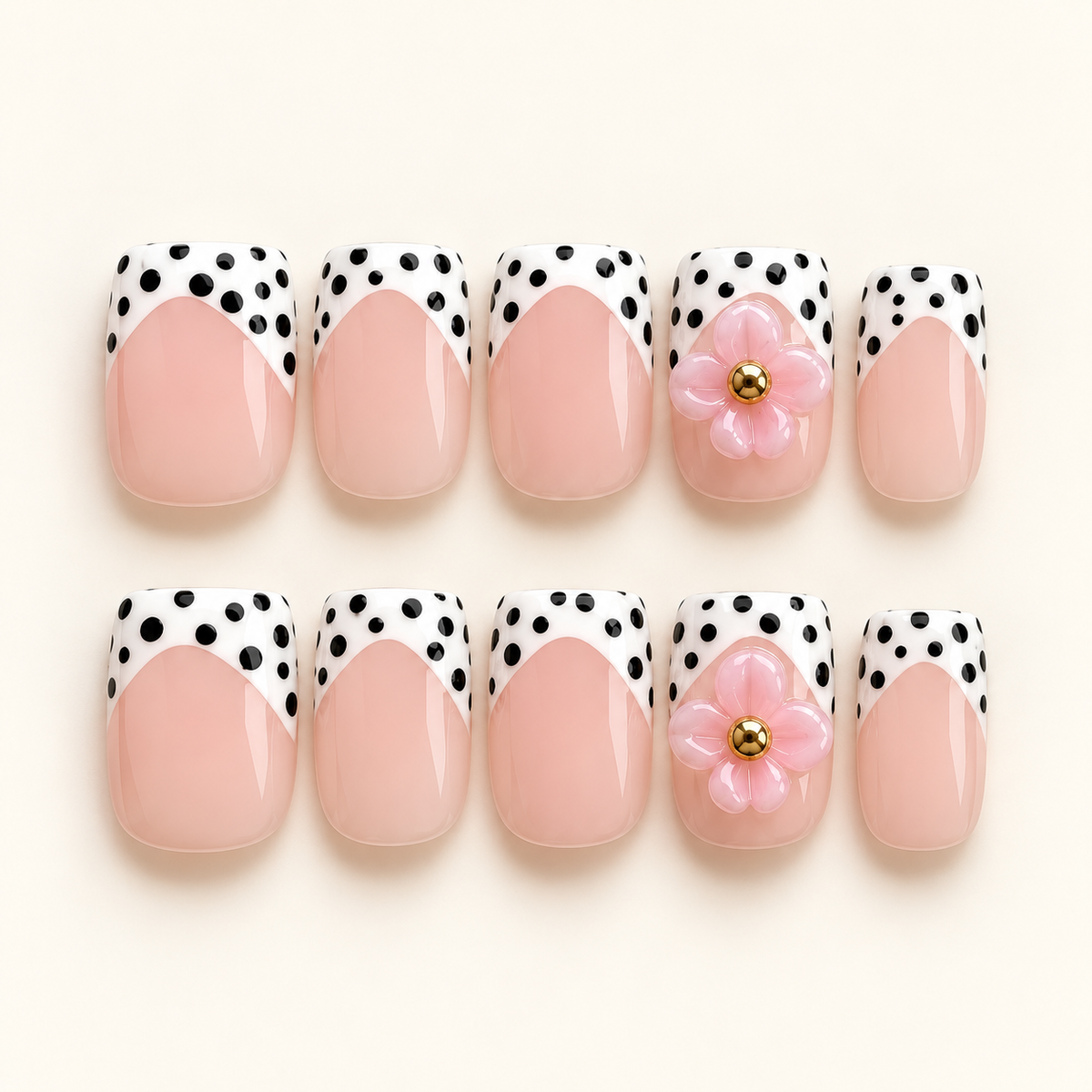 Dotty Petal — digitally styled studio packshot based on Scarlett’s nail design, showing the sample shape.