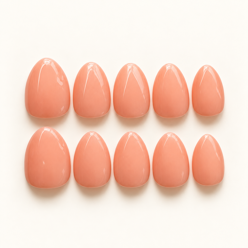 Peach Please — digitally styled studio packshot based on Scarlett’s nail design, showing the sample shape.