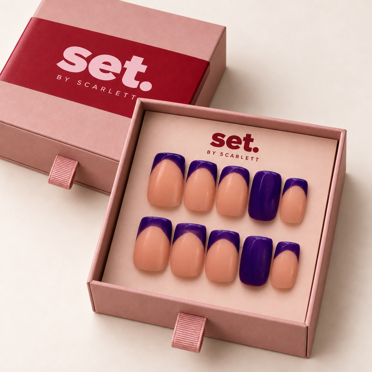 Violet Hour: Deep-purple French tips and matching full-colour accent nails. Digitally styled packaging mockup based on Scarlett's photographed nail set.